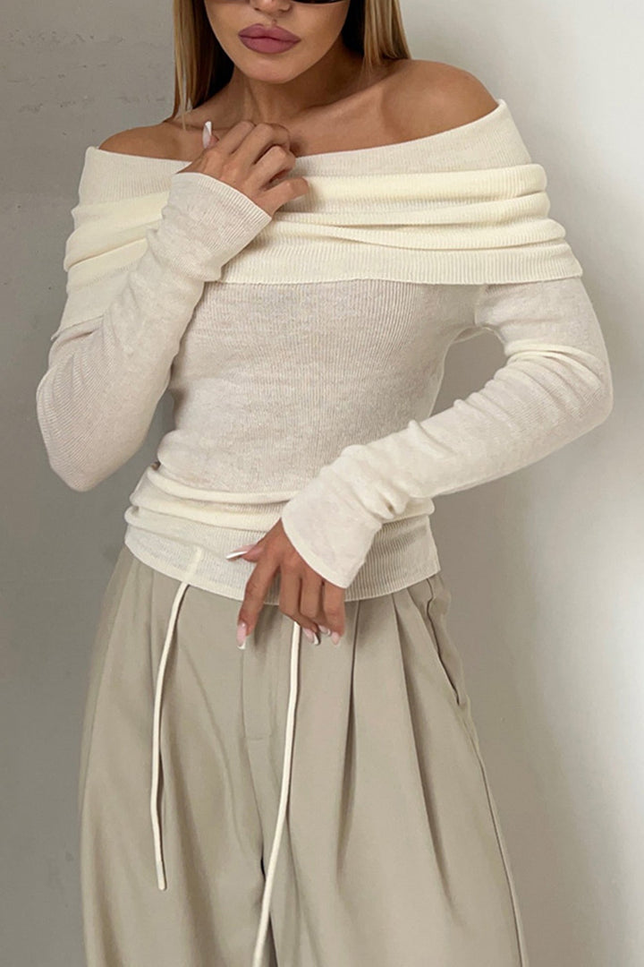 Off-shoulder Long Sleeve Knit Tops Beige · M