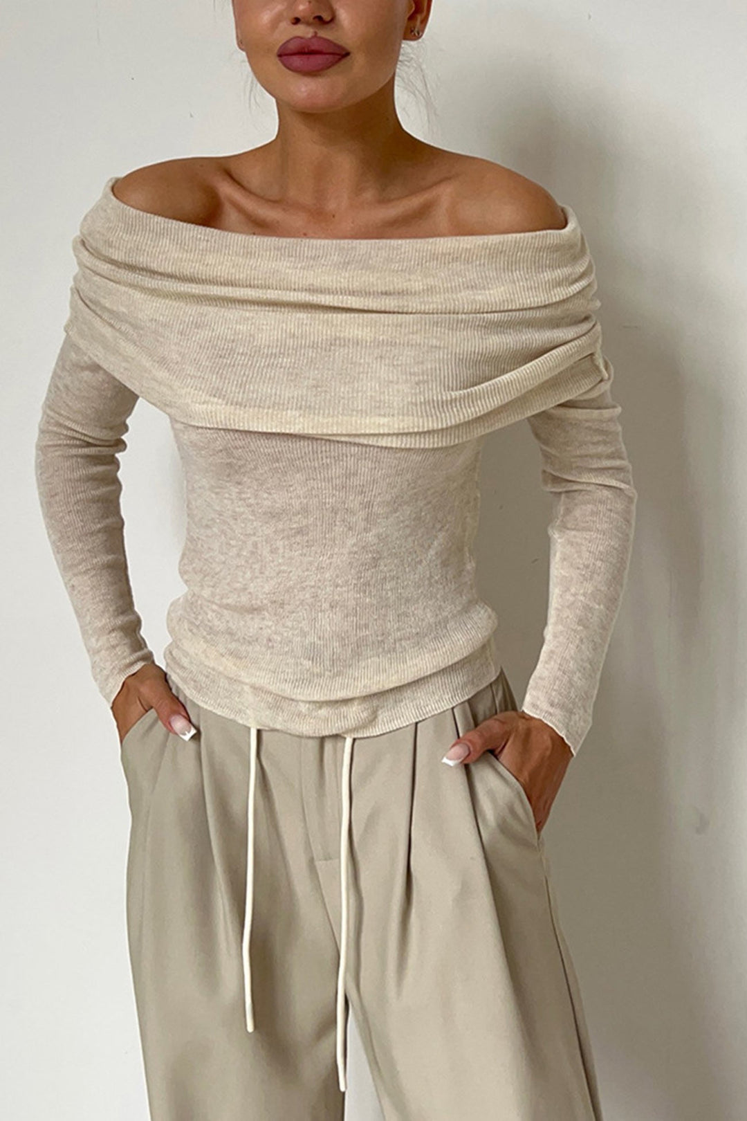 Off-shoulder Long Sleeve Knit Tops Brick Red · M