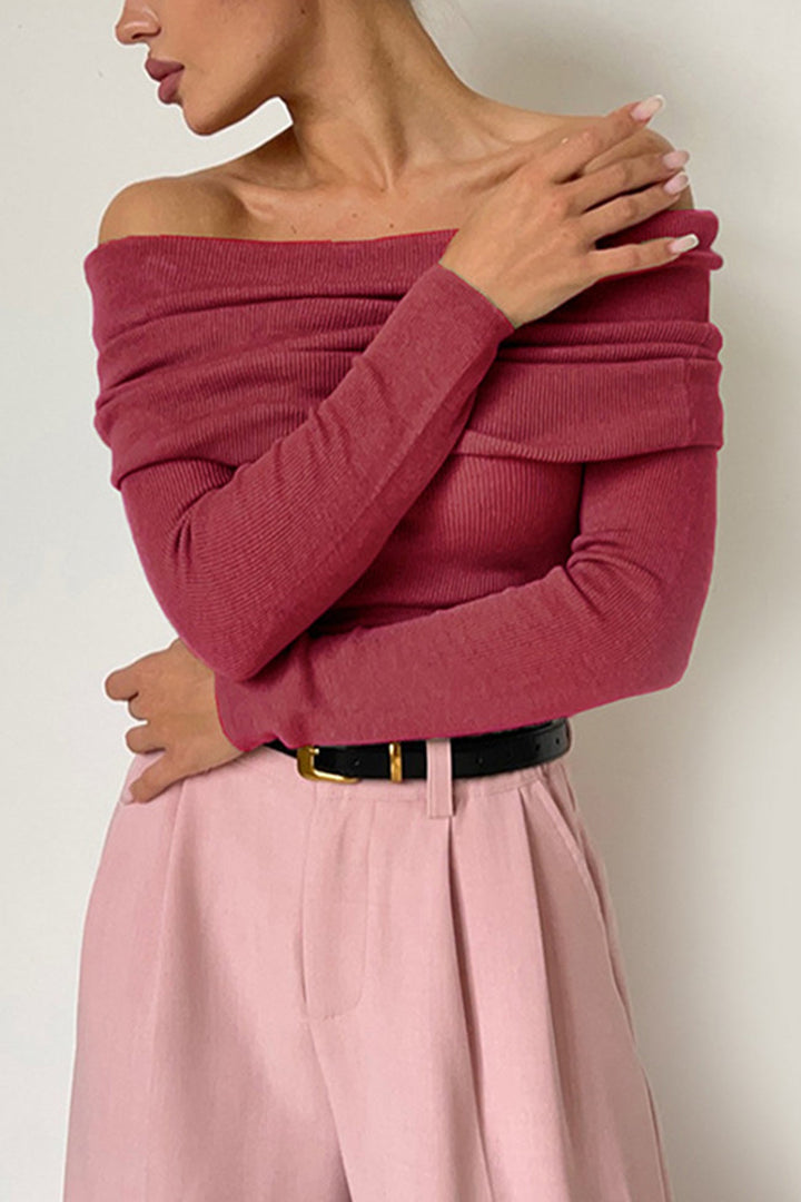 Off-shoulder Long Sleeve Knit Tops Black · L