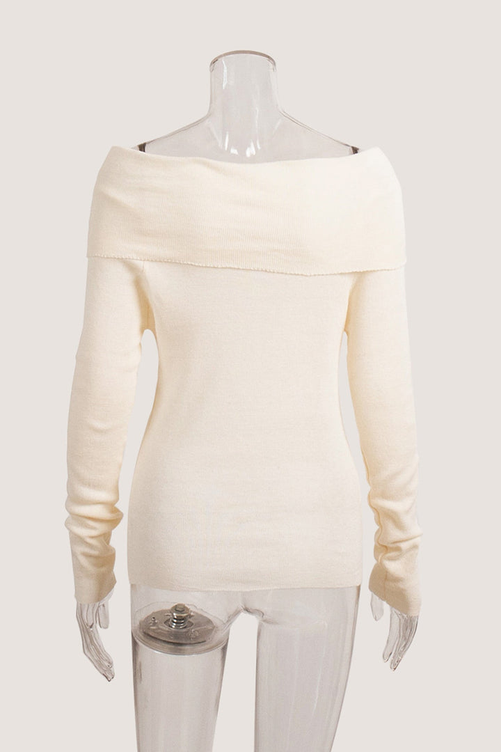 Off-shoulder Long Sleeve Knit Tops Green · M