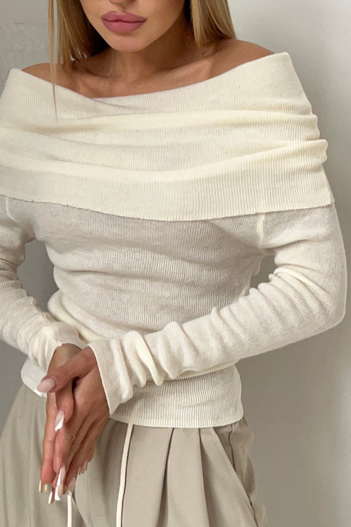 Off-shoulder Long Sleeve Knit Tops Beige · S