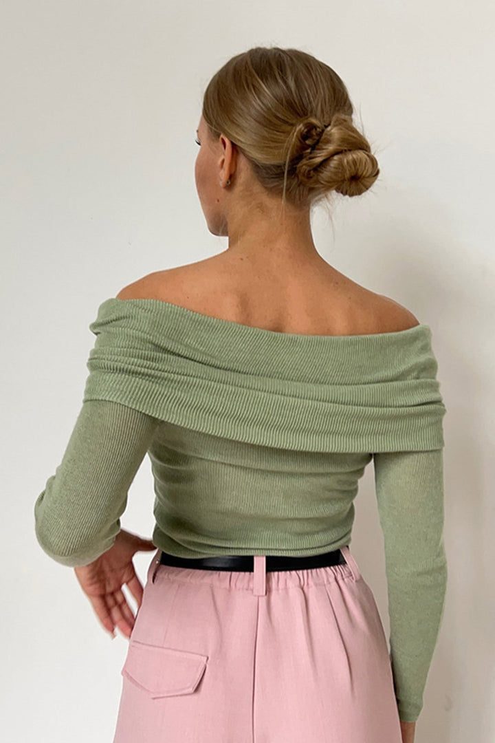 Off-shoulder Long Sleeve Knit Tops Oat · M