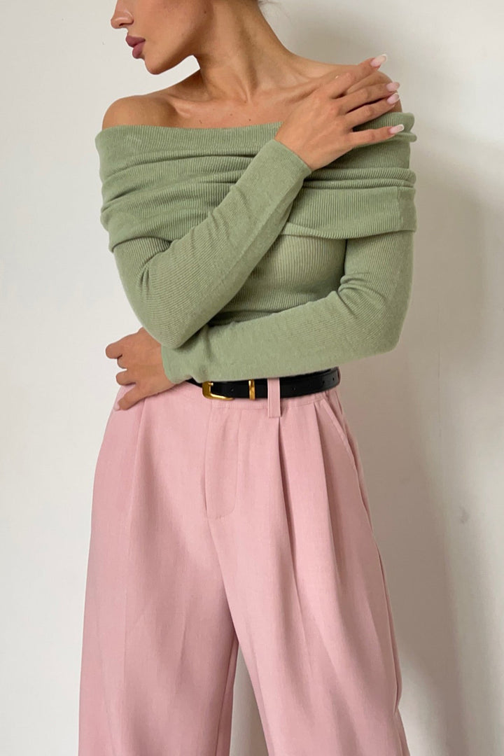 Off-shoulder Long Sleeve Knit Tops Oat · L