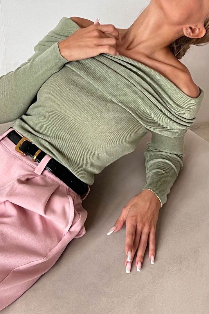 Off-shoulder Long Sleeve Knit Tops Green · L