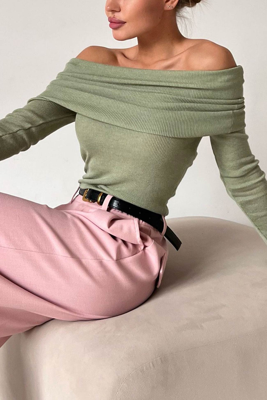 Off-shoulder Long Sleeve Knit Tops Oat · S