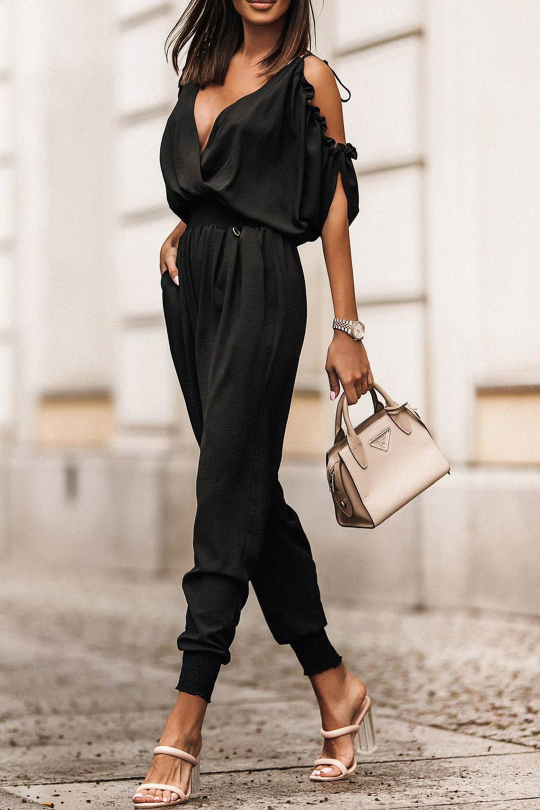 Off-shoulder V Neck High Waist Jumpsuits White · L