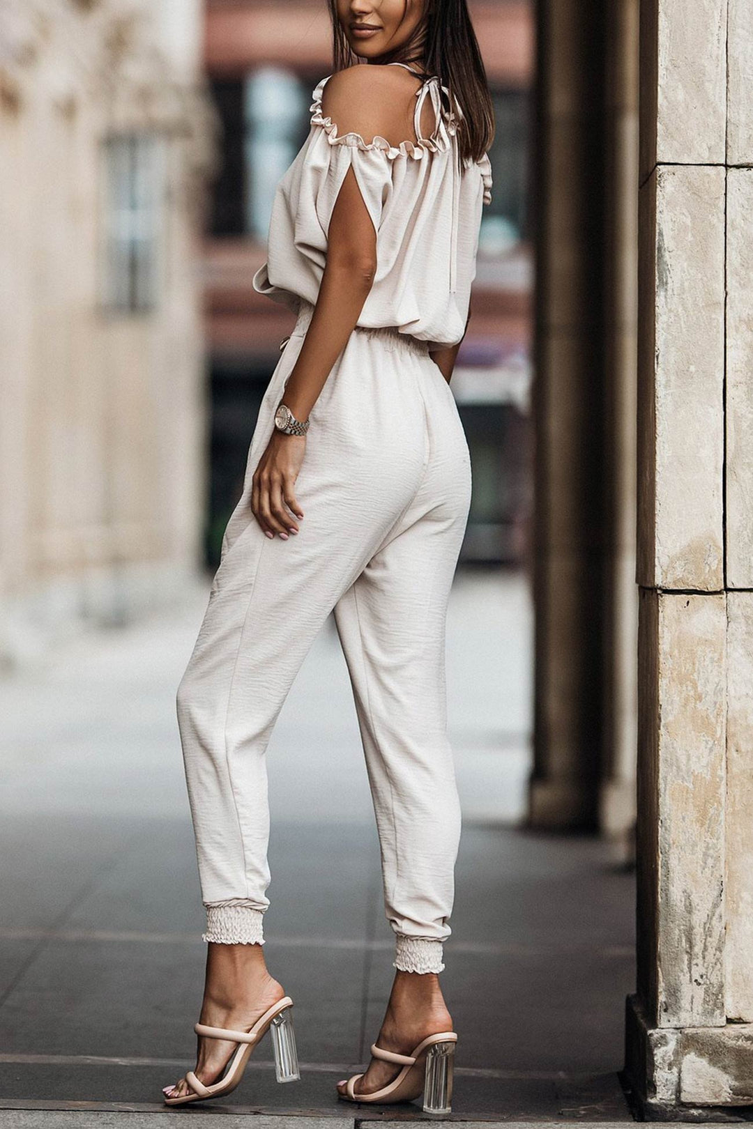 Off-shoulder V Neck High Waist Jumpsuits White · M