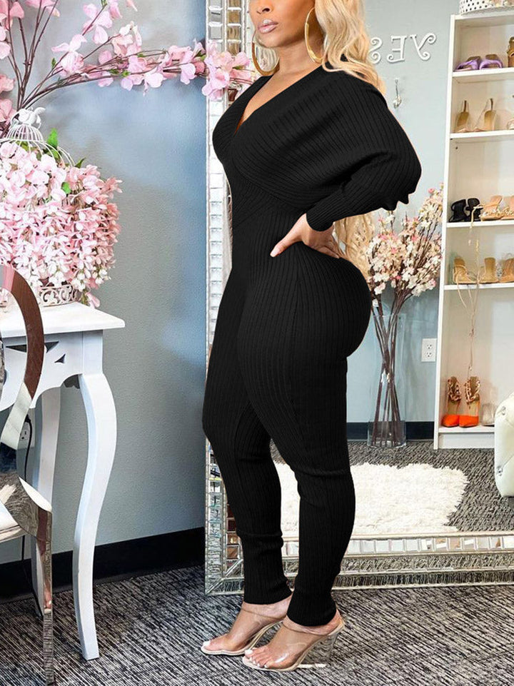 Off Shoulder Ribbed Jumpsuit Apricot / L