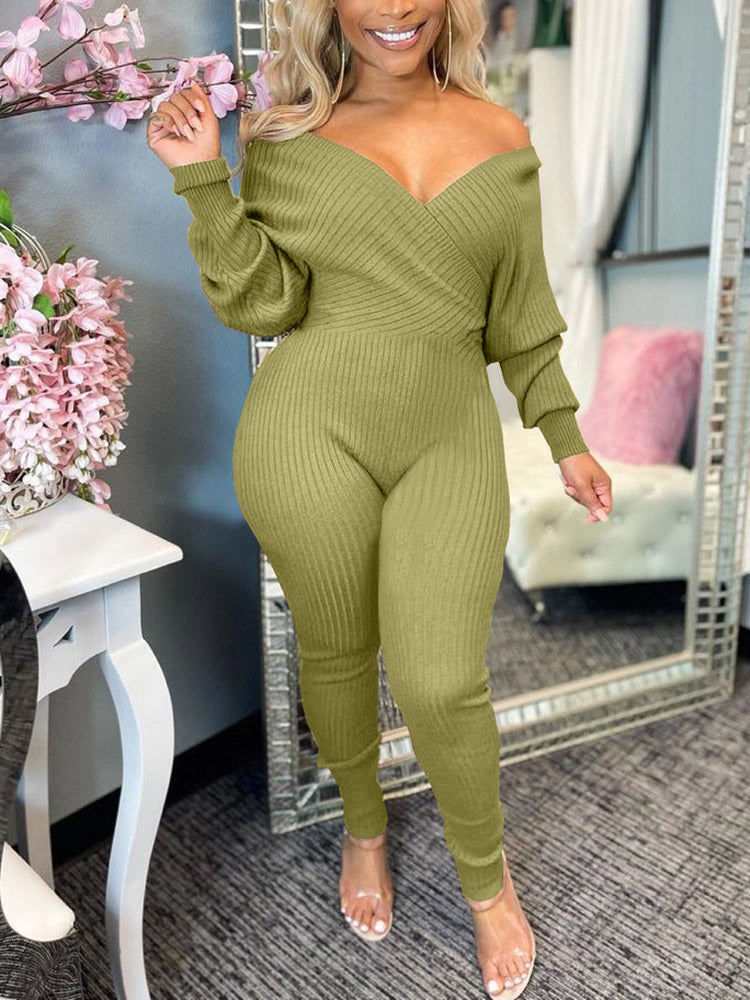 Off Shoulder Ribbed Jumpsuit Wine Red / L