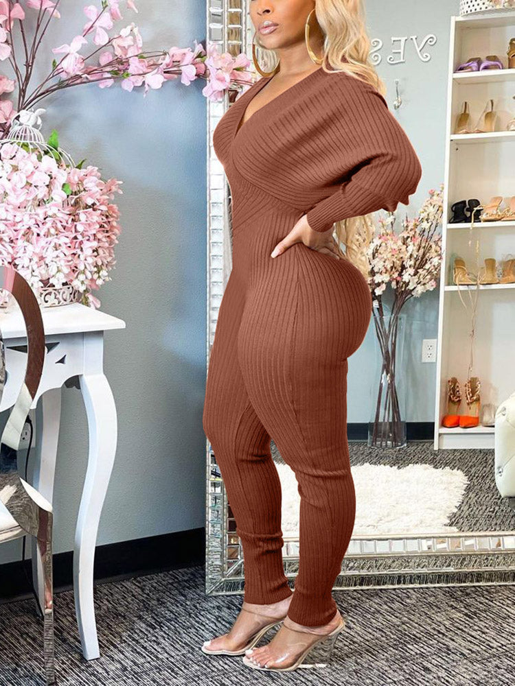 Off Shoulder Ribbed Jumpsuit Coffee / M