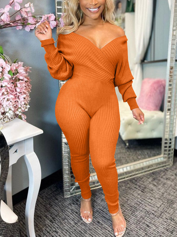 Off Shoulder Ribbed Jumpsuit Apricot / 2XL