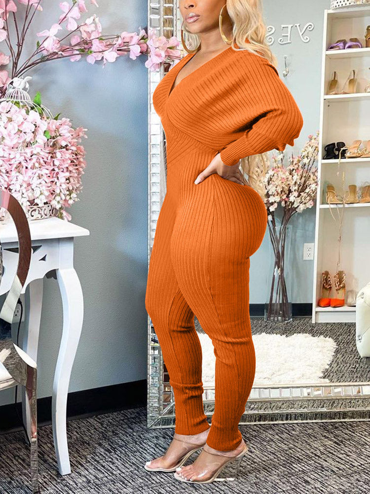 Off Shoulder Ribbed Jumpsuit Wine Red / S