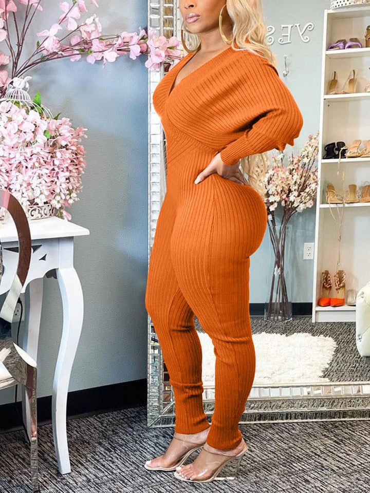 Off Shoulder Ribbed Jumpsuit Wine Red / S