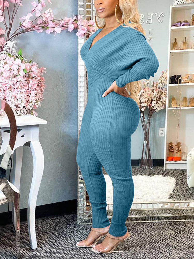 Off Shoulder Ribbed Jumpsuit Wine Red / M