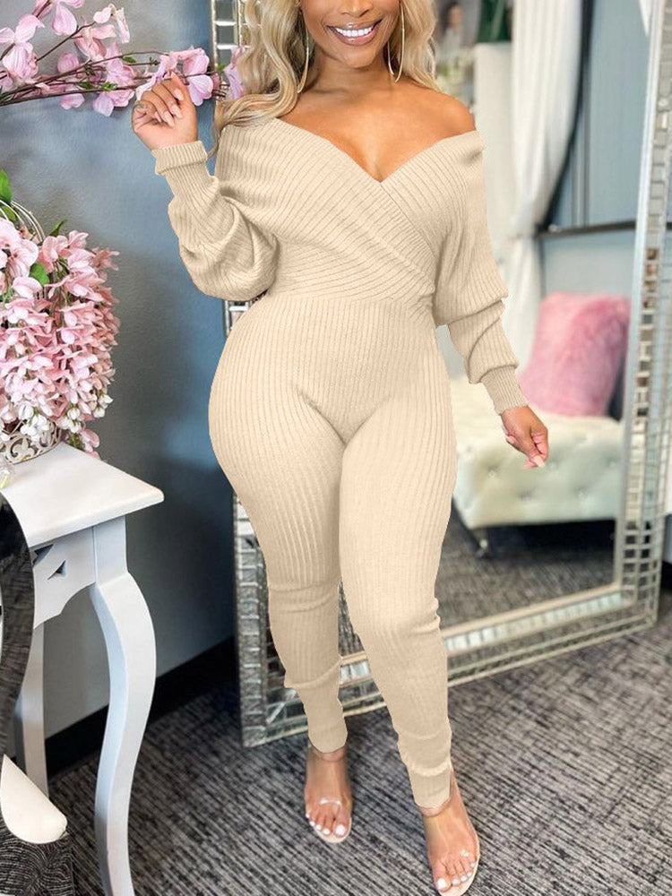 Off Shoulder Ribbed Jumpsuit Coffee / L