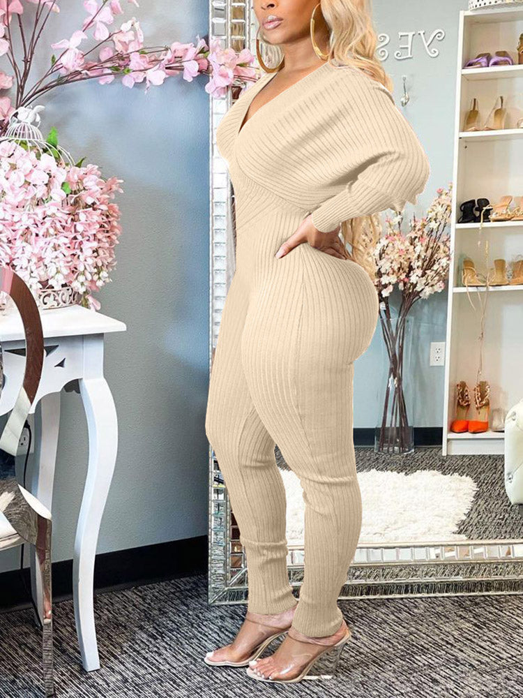 Off Shoulder Ribbed Jumpsuit Coffee / XL