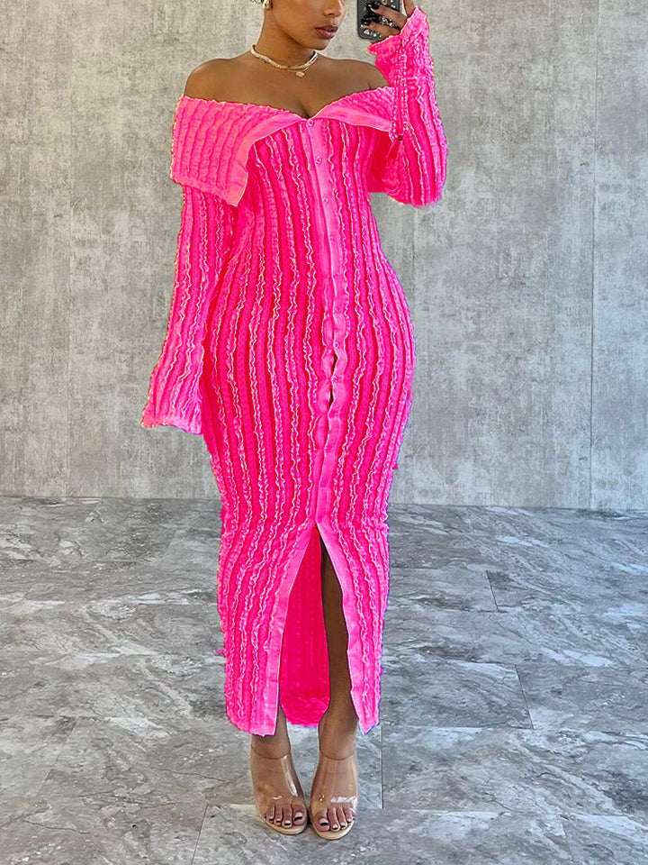 Off Shoulder Mesh Button Dress Red / M