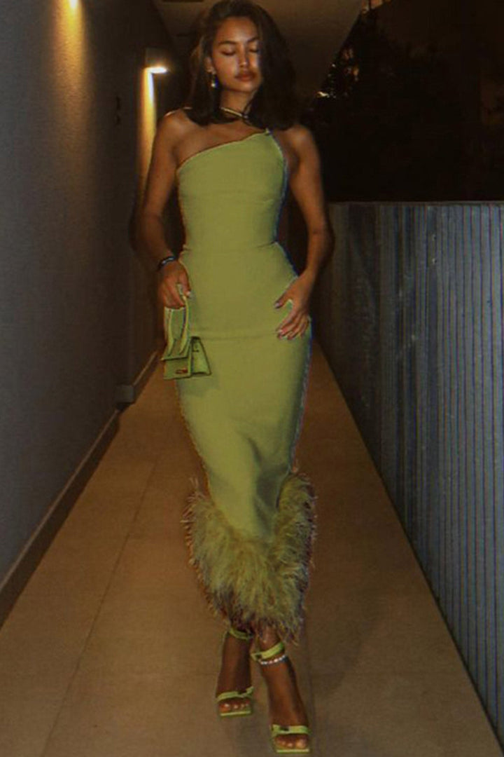 One Shoulder Irregular Fuzzy Hem Midi Dress Green · S