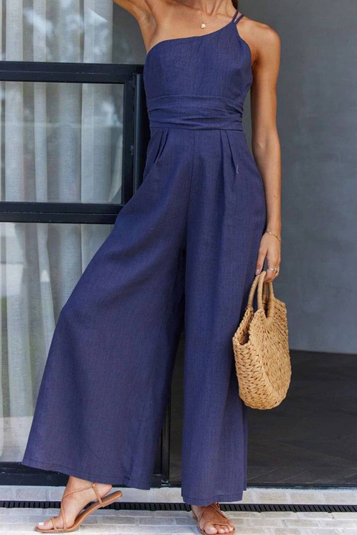 One Shoulder Solid Color Wide Leg Jumpsuits Navy Blue · S