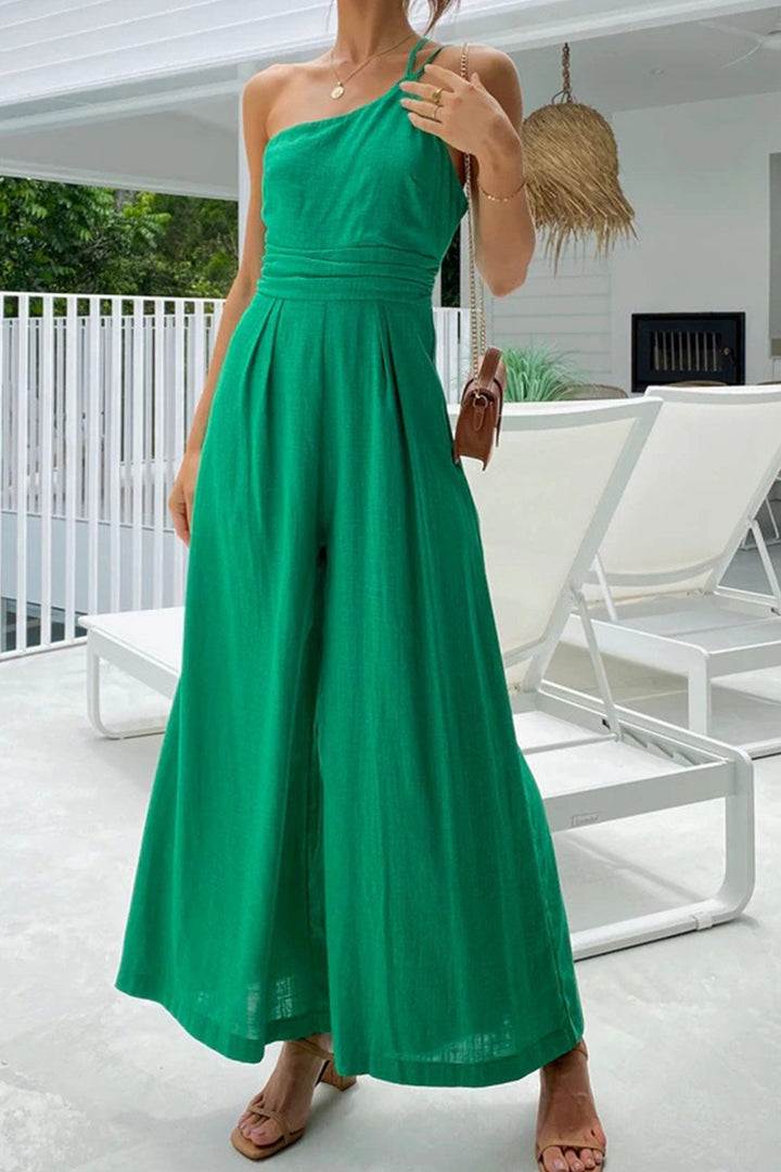 One Shoulder Solid Color Wide Leg Jumpsuits Green · S