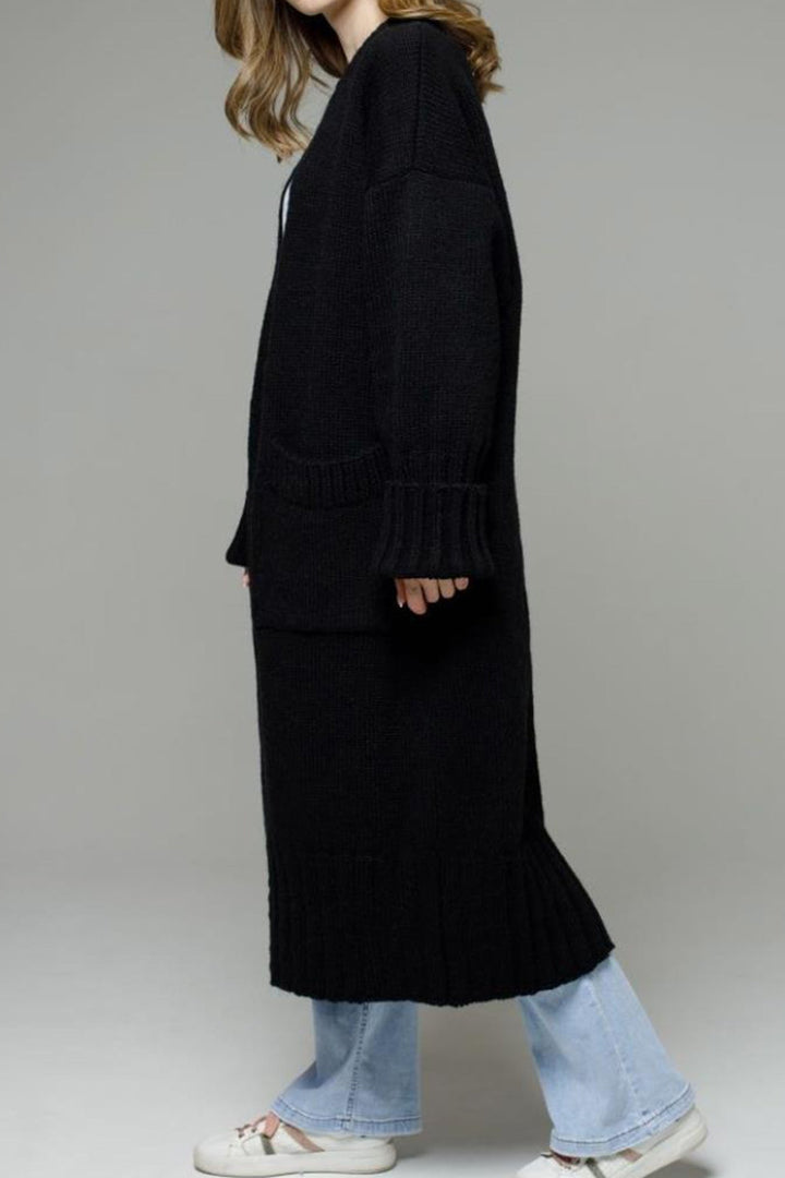 Open Front Pocketed Long Cardigan Dark Grey · S