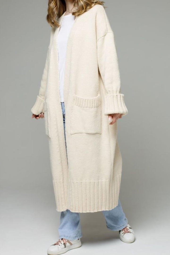 Open Front Pocketed Long Cardigan Light Grey · L