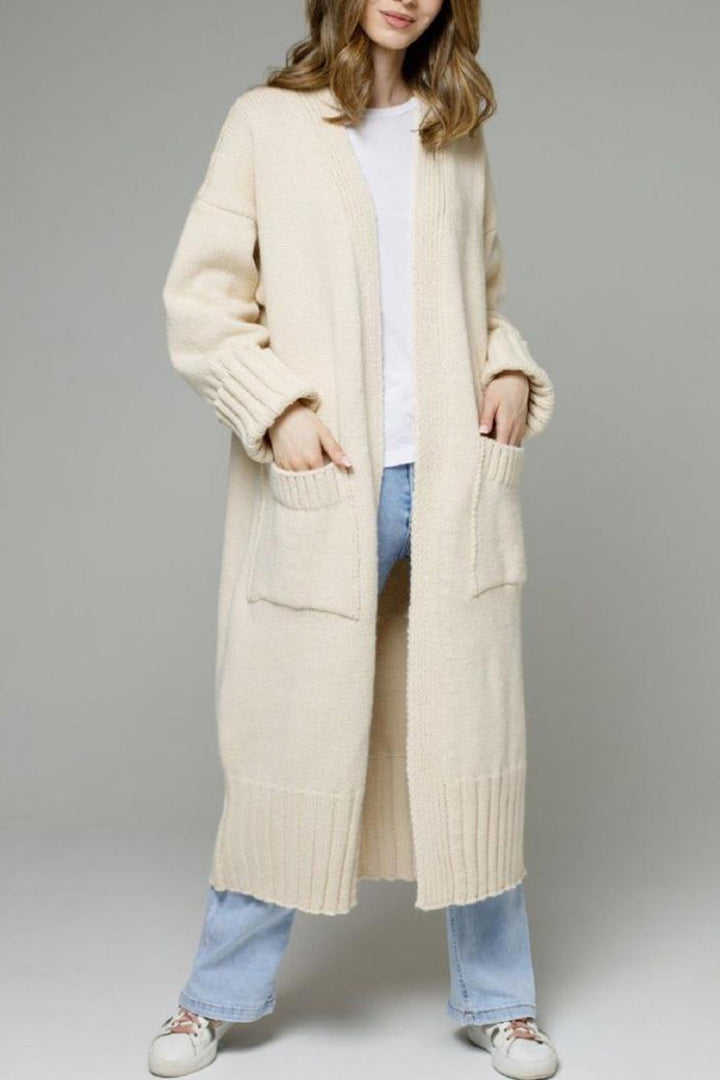 Open Front Pocketed Long Cardigan Light Grey · S