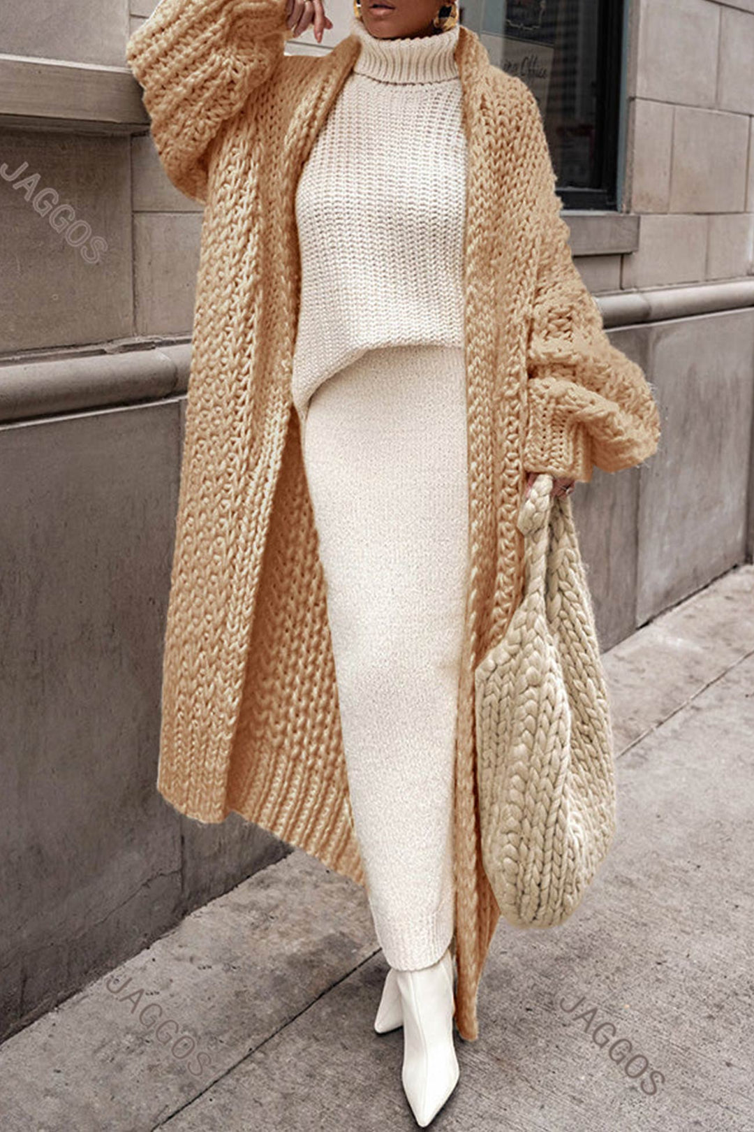 Openwork Chunky Knit Cardigan Beige · XL