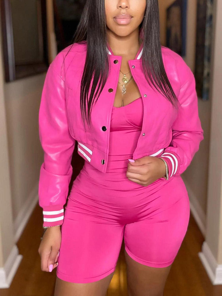 Varsity Button Down Crop Jacket Rose / M