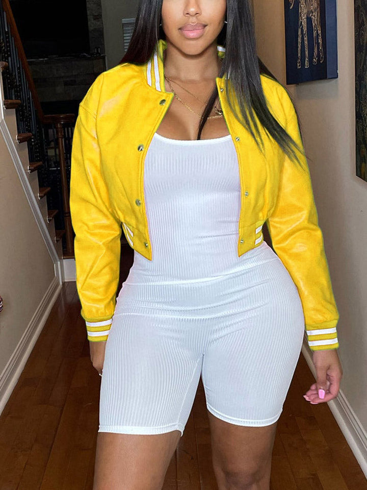 Varsity Button Down Crop Jacket Blue / M