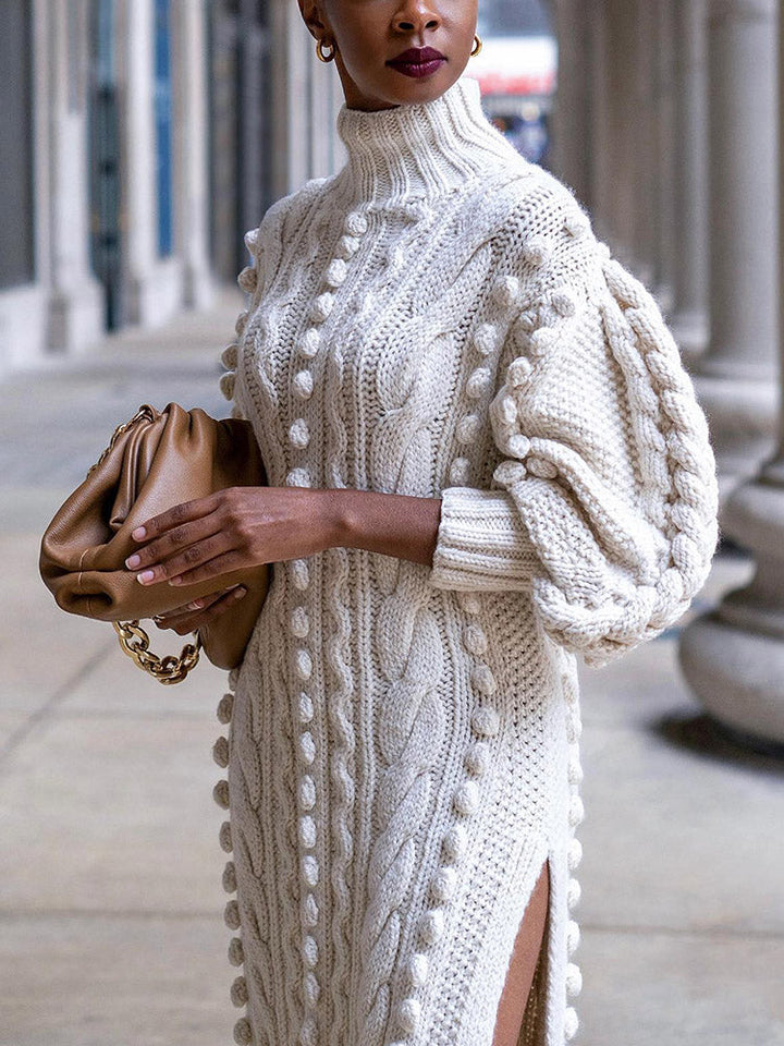 Turtleneck Slit Knit Dress Beige / L