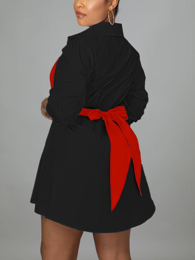 Patchwork Lace Up Shirt Dress Orange / S