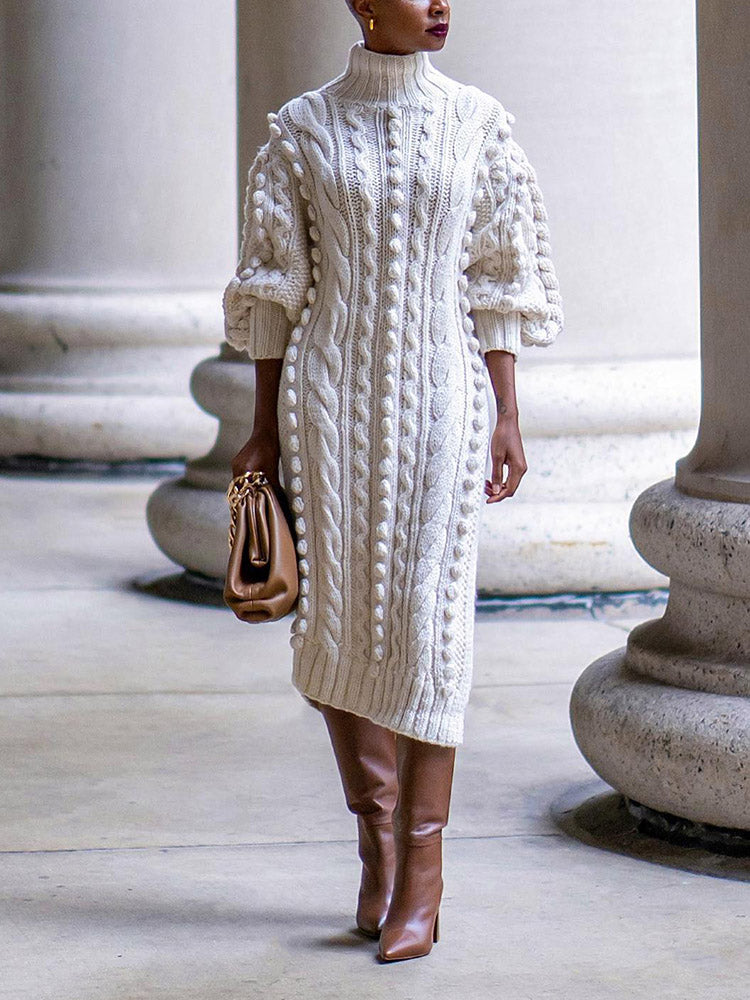 Turtleneck Slit Knit Dress Beige / M