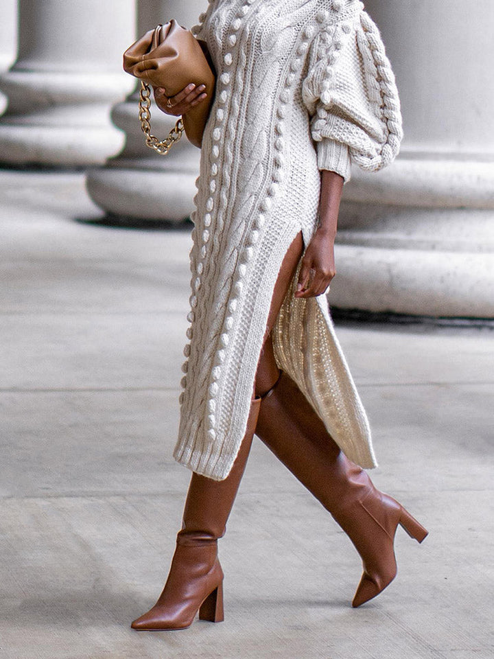 Turtleneck Slit Knit Dress Beige / XL