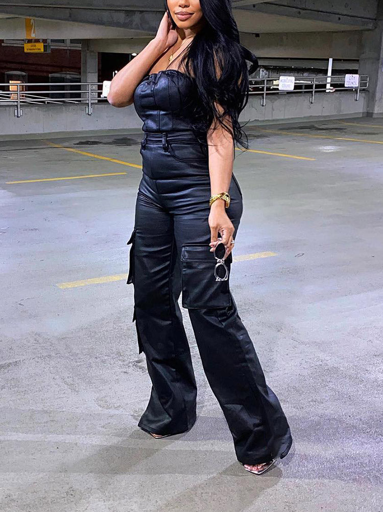 Leather Tube Cargo Jumpsuit Gray / M