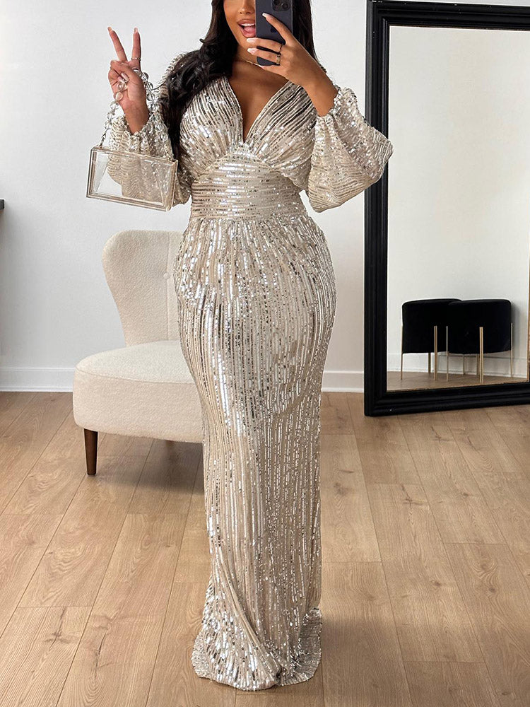 Sequin Puffed Sleeves Party Dress Beige / S