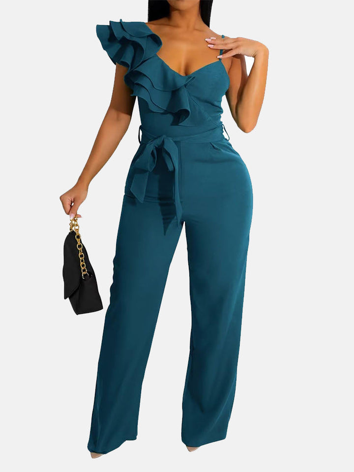 Ruffle Belted Wide Jumpsuit Wine Red / M