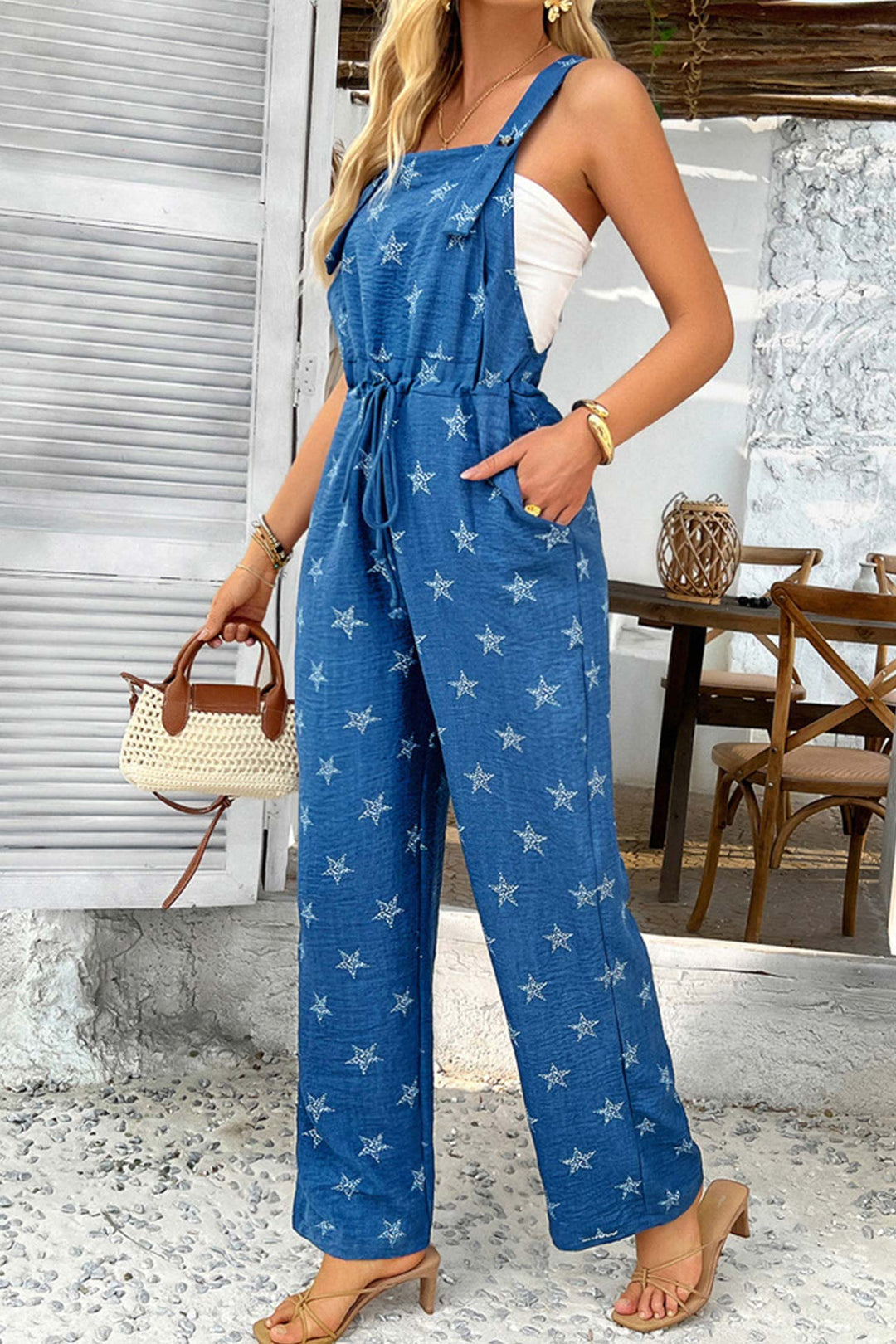 Pentagram Print High Waist Overalls