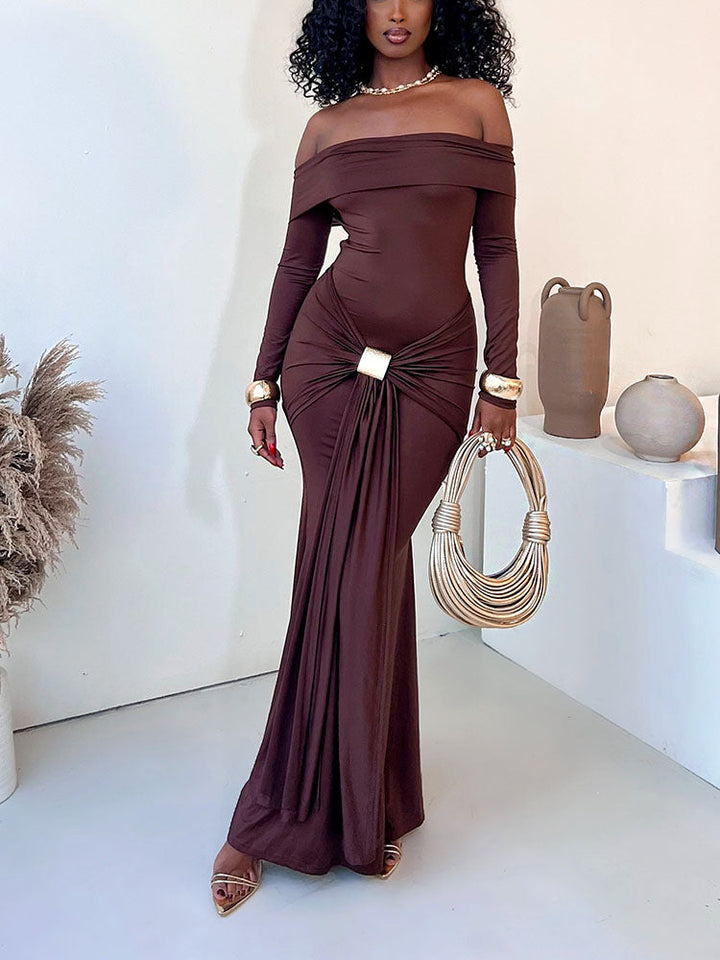 Off-Shoulder Draped Gown Dress Coffee / L