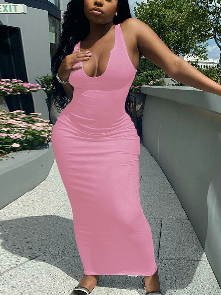 Scoop Neck Ribbed Maxi Dress Red / M