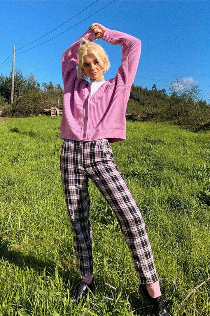 Pink Letters Embroidery Button-Front Cardigan Pink · S