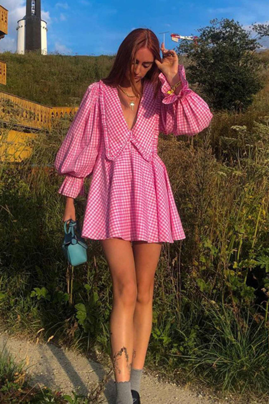 Pink Plaid Lapel A-Line Babydoll Dress Pink · S