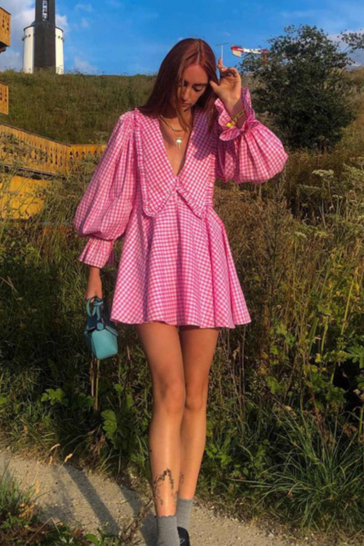 Pink Plaid Lapel A-Line Babydoll Dress Pink · S