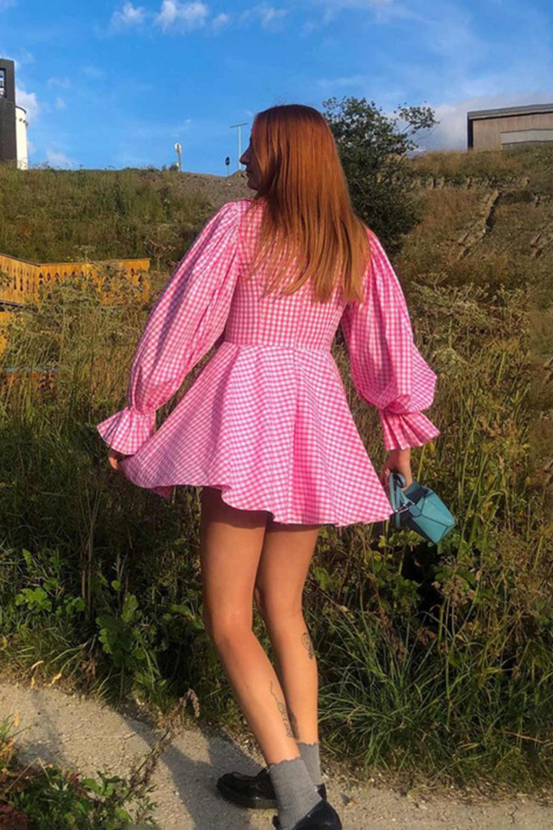 Pink Plaid Lapel A-Line Babydoll Dress Pink · L