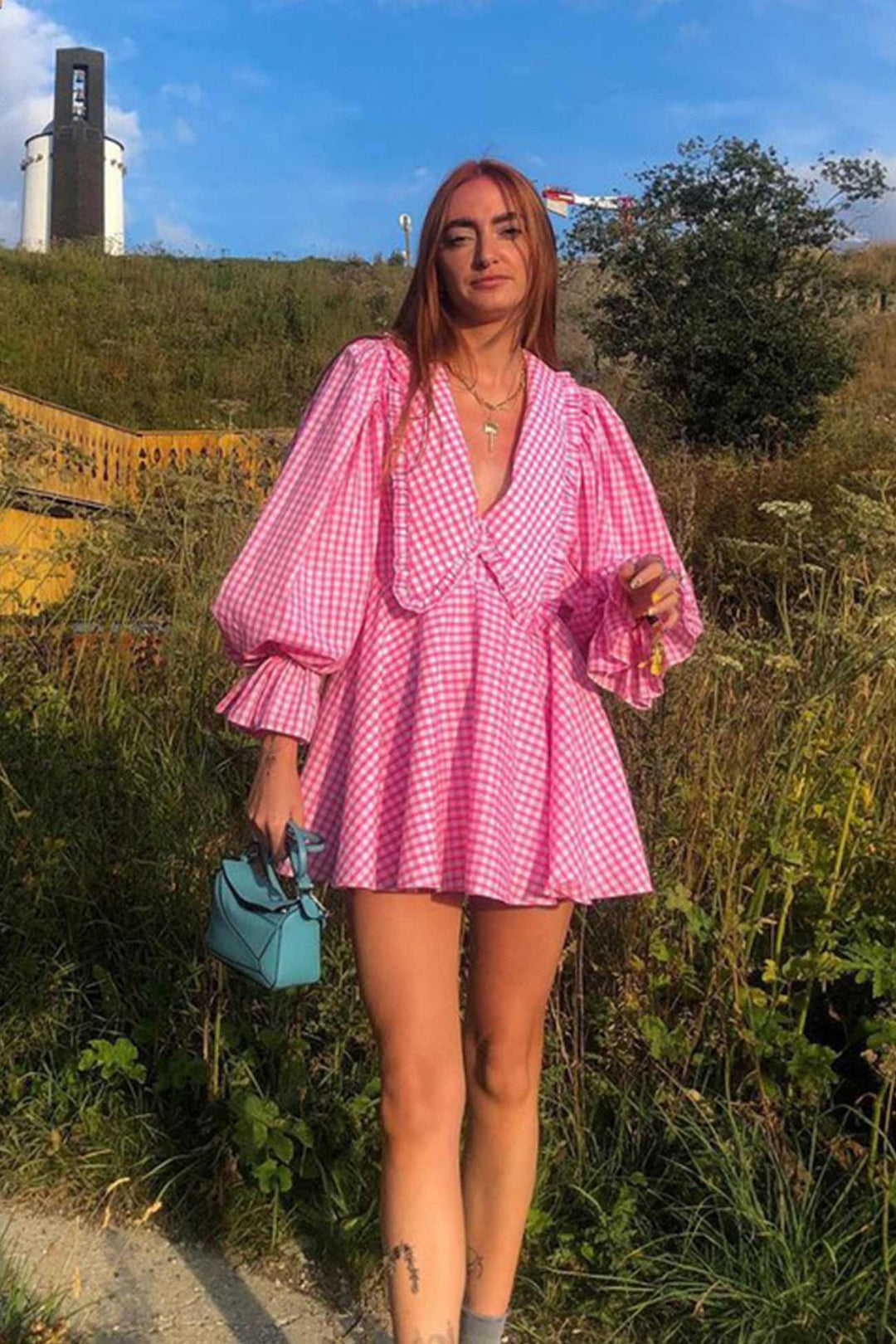Pink Plaid Lapel A-Line Babydoll Dress Pink · M