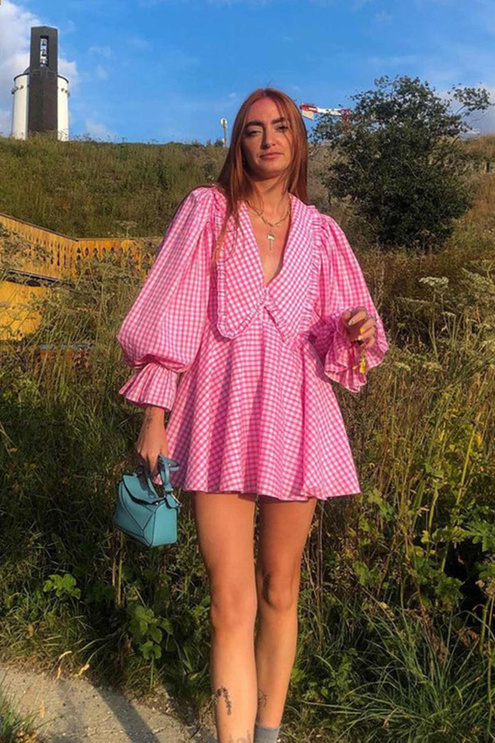 Pink Plaid Lapel A-Line Babydoll Dress Pink · M