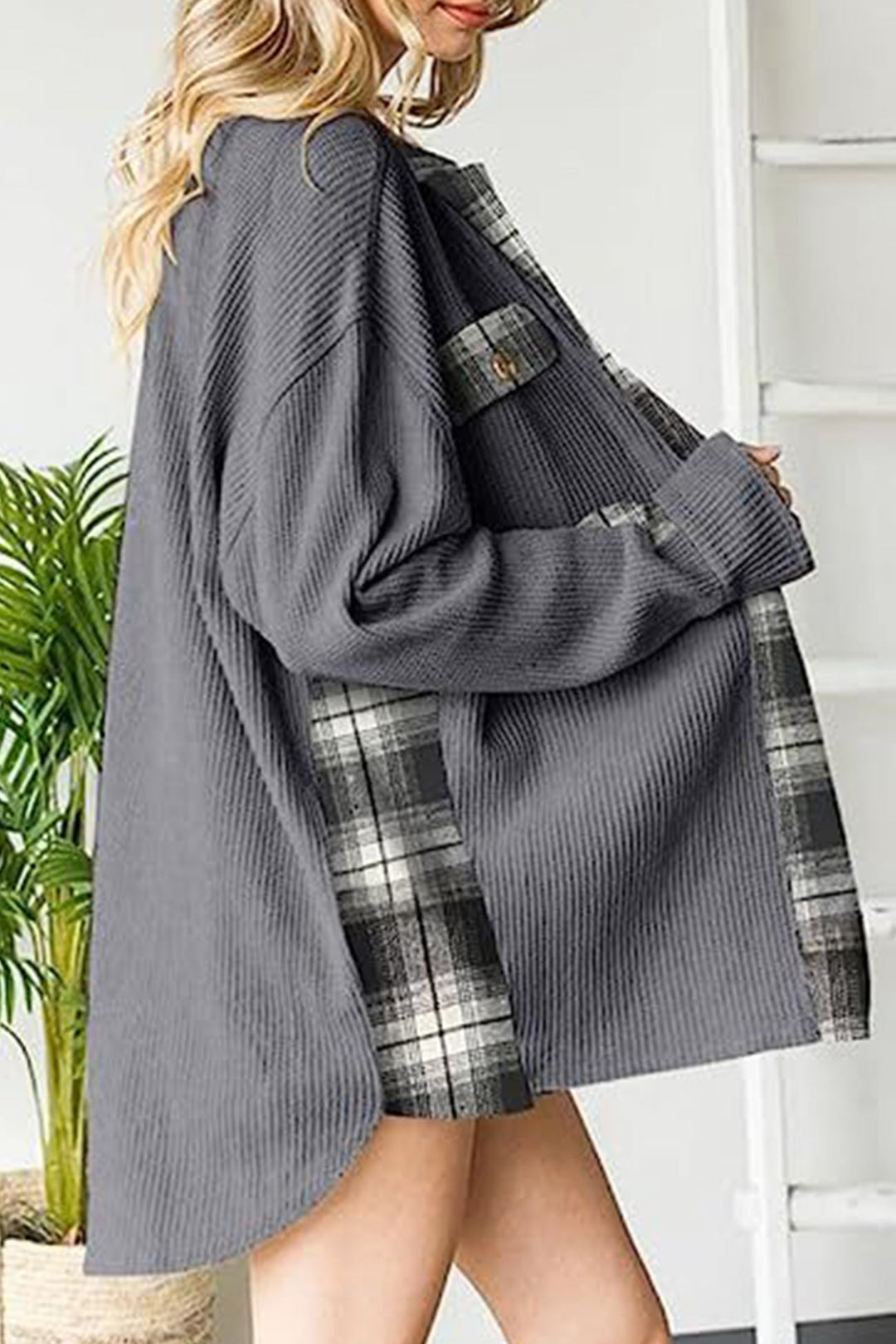 Plaid Patchwork Irregular Hem Blouses Grey · S
