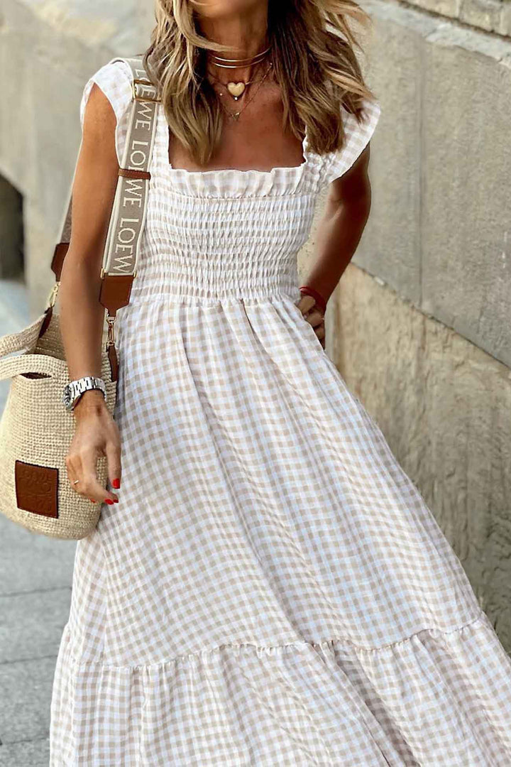 Plaid Ruffled Sleeveless Shirred Midi Dress Light Khaki · L