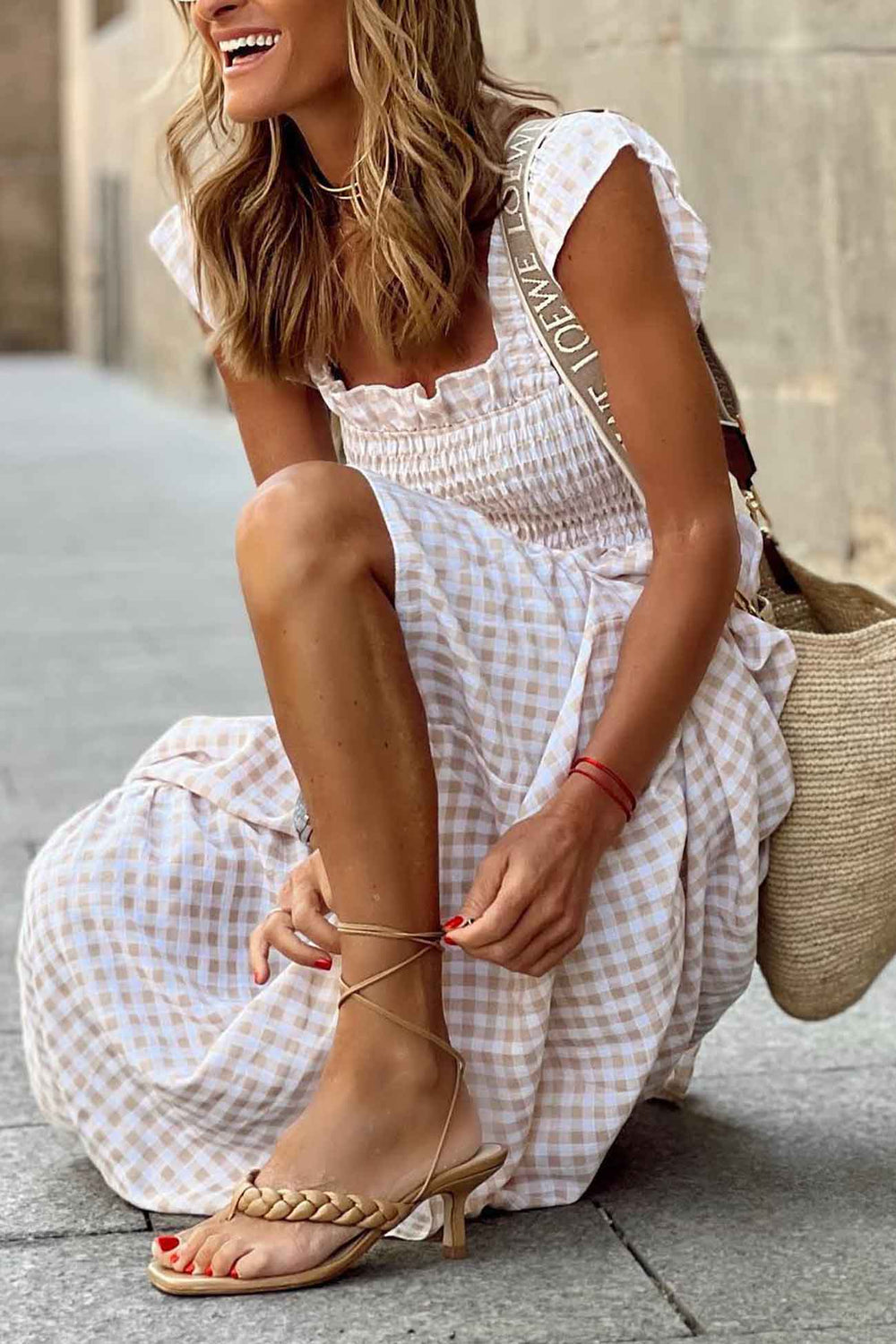 Plaid Ruffled Sleeveless Shirred Midi Dress Light Khaki · M