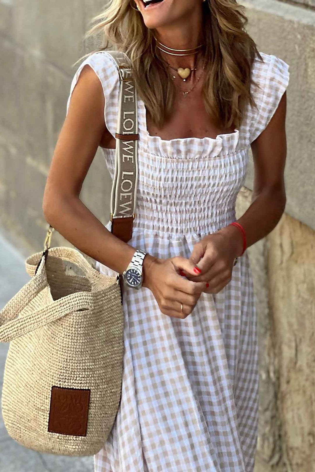 Plaid Ruffled Sleeveless Shirred Midi Dress Light Khaki · S
